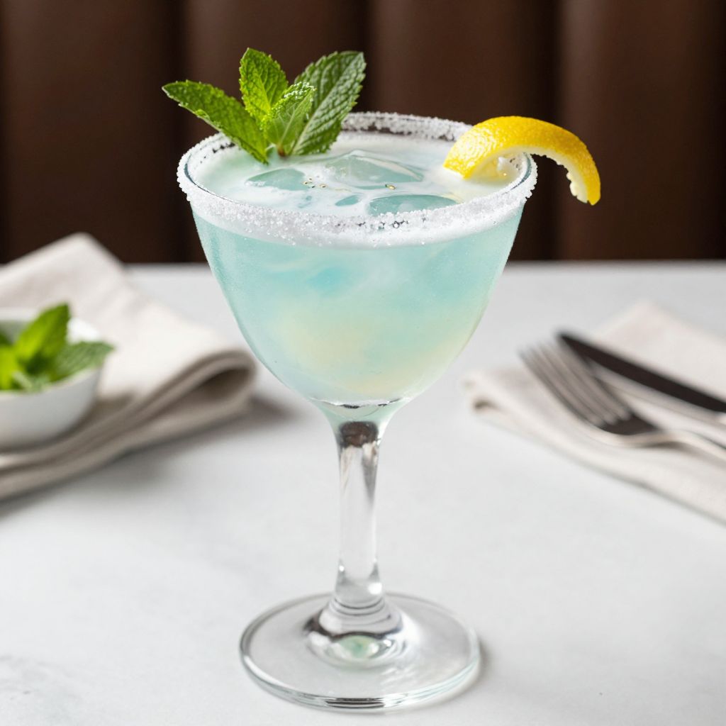Jack Frost Cocktail served on a bar with mint garnish